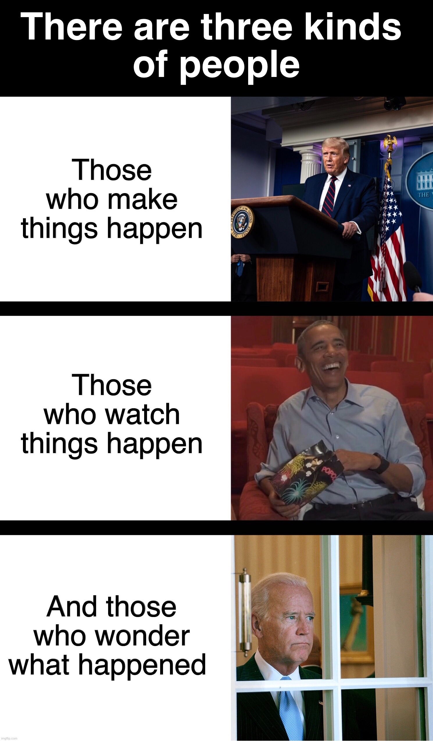  There are three kinds 
of people; Those who make things happen; Those who watch things happen; And those who wonder what happened | image tagged in donald trump,barack obama,joe biden,american politics | made w/ Imgflip meme maker