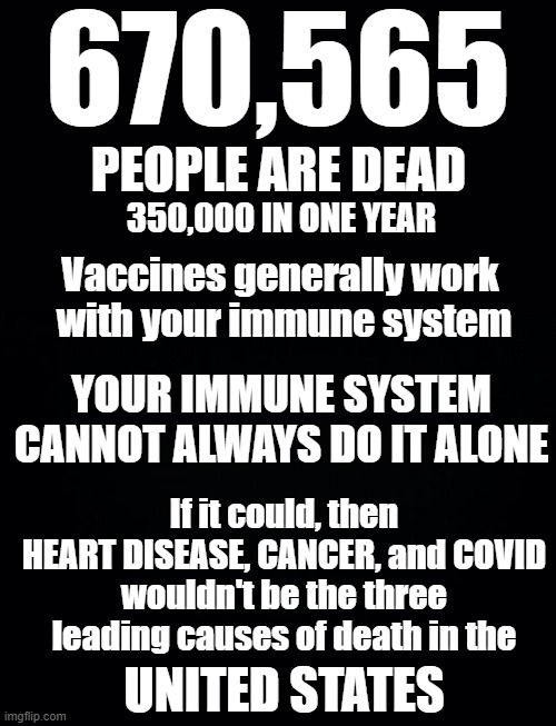 670,565; PEOPLE ARE DEAD; 350,000 IN ONE YEAR; Vaccines generally work 
with your immune system; YOUR IMMUNE SYSTEM CANNOT ALWAYS DO IT ALONE; If it could, then
HEART DISEASE, CANCER, and COVID
wouldn't be the three leading causes of death in the; UNITED STATES | made w/ Imgflip meme maker