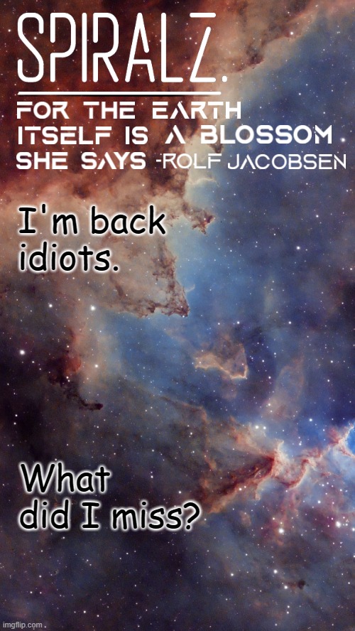 I'm back idiots. What did I miss? | image tagged in spiralz space template | made w/ Imgflip meme maker