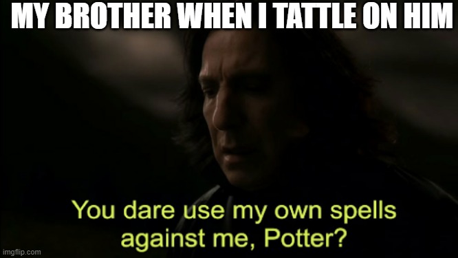 true | MY BROTHER WHEN I TATTLE ON HIM | image tagged in you dare use my own spells against me | made w/ Imgflip meme maker