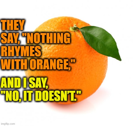 Nothing rhymes with orange | THEY SAY, "NOTHING RHYMES WITH ORANGE,"; AND I SAY, "NO, IT DOESN’T." | image tagged in orange | made w/ Imgflip meme maker