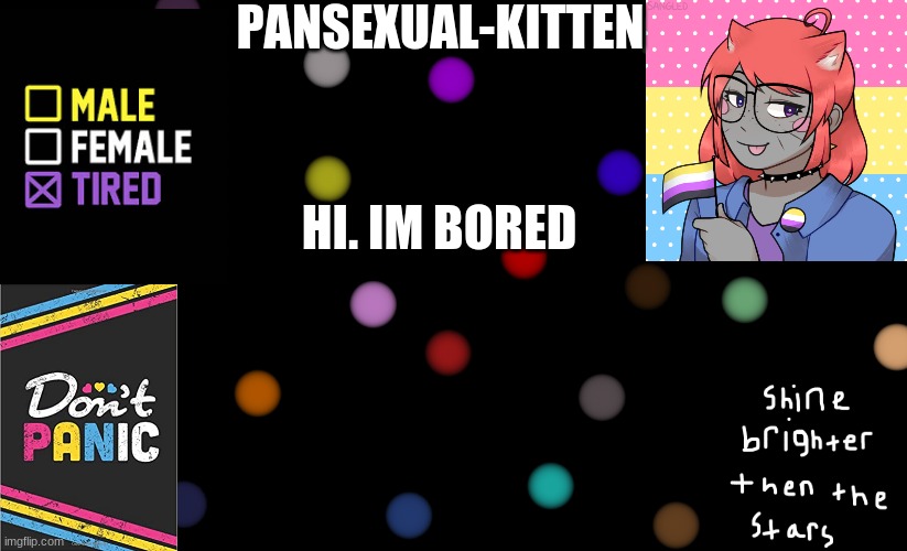 idek this point | HI. IM BORED | image tagged in pansexual-kitten | made w/ Imgflip meme maker