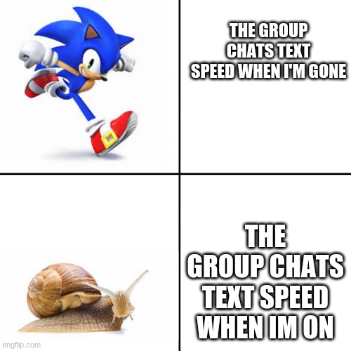 Sonic vs snail | THE GROUP CHATS TEXT SPEED WHEN I'M GONE; THE GROUP CHATS TEXT SPEED WHEN I'M ON | image tagged in sonic vs snail | made w/ Imgflip meme maker