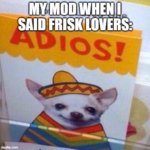 chihuahua adios | MY MOD WHEN I SAID FRISK LOVERS: | image tagged in chihuahua adios | made w/ Imgflip meme maker