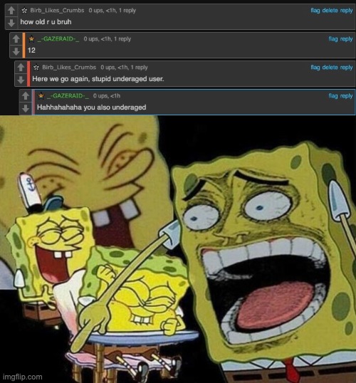hAHhahAHhahAh u also unDeraGEDD !111!111 | image tagged in spongebob laughing hysterically | made w/ Imgflip meme maker