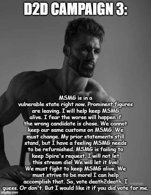 Giga Chad | D2D CAMPAIGN 3:; MSMG is in a vulnerable state right now. Prominent figures are leaving. I will help keep MSMG alive. I fear the worse will happen if the wrong candidate is chose. We cannot keep our same customs on MSMG. We must change. My prior statements still stand, but I have a feeling MSMG needs to be refurnished. MSMG is failing to keep Spire's request. I will not let this stream die! We will let it live! We must fight to keep MSMG alive. We must strive to be more! I can help accomplish that. So, vote death2death. I guess. Or don't. But I would like it if you did vote for me. | image tagged in giga chad | made w/ Imgflip meme maker