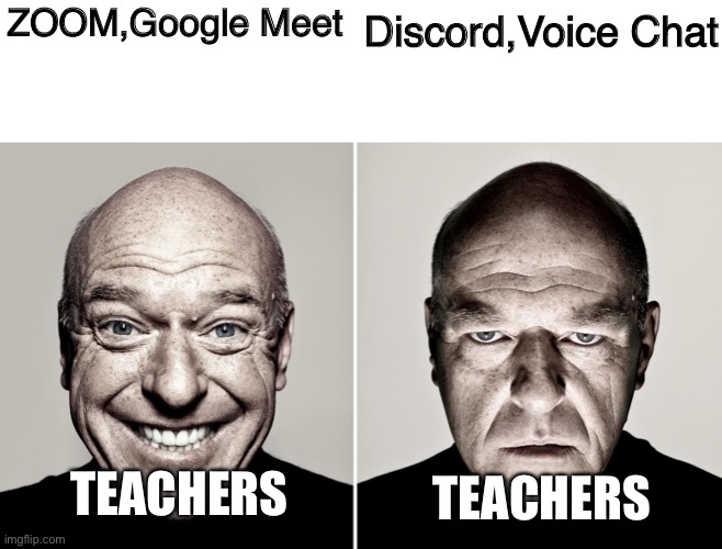 Online class in a nutshell |  Discord,Voice Chat; ZOOM,Google Meet; TEACHERS; TEACHERS | image tagged in hank smiling/frowning | made w/ Imgflip meme maker