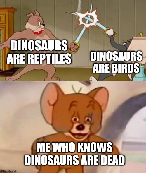 Last meme of the night | DINOSAURS ARE REPTILES; DINOSAURS ARE BIRDS; ME WHO KNOWS DINOSAURS ARE DEAD | image tagged in tom and jerry swordfight | made w/ Imgflip meme maker