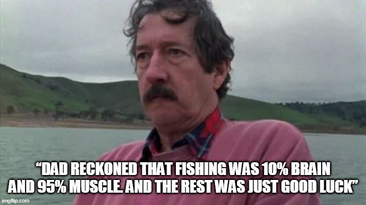  “DAD RECKONED THAT FISHING WAS 10% BRAIN AND 95% MUSCLE. AND THE REST WAS JUST GOOD LUCK” | image tagged in dad | made w/ Imgflip meme maker