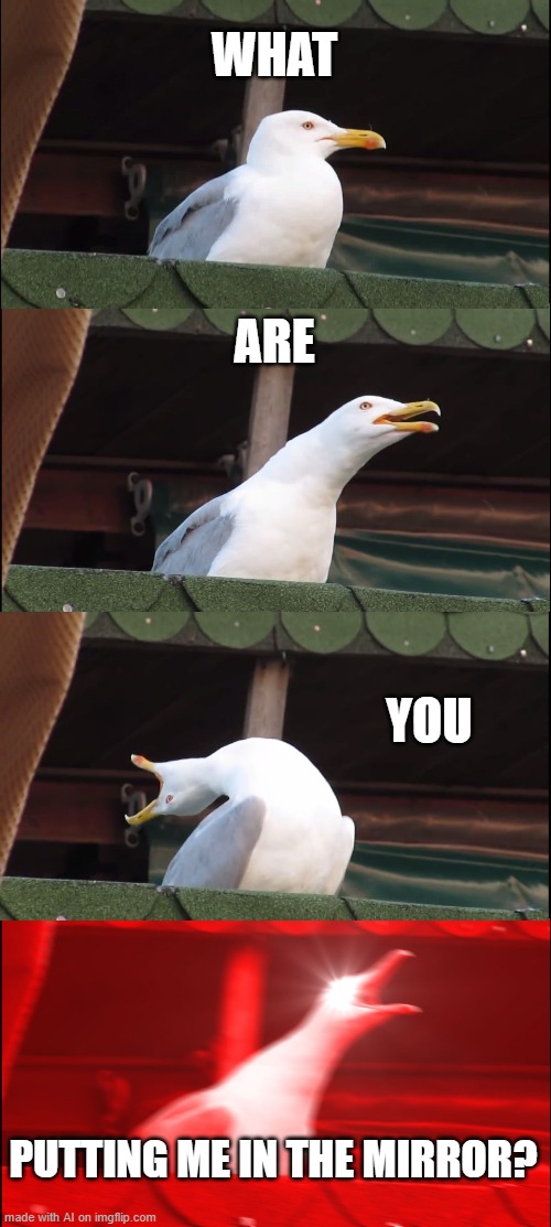 AI reflects [random AI generated meme] | WHAT; ARE; YOU; PUTTING ME IN THE MIRROR? | image tagged in memes,inhaling seagull,reflection,mirror,ai meme | made w/ Imgflip meme maker