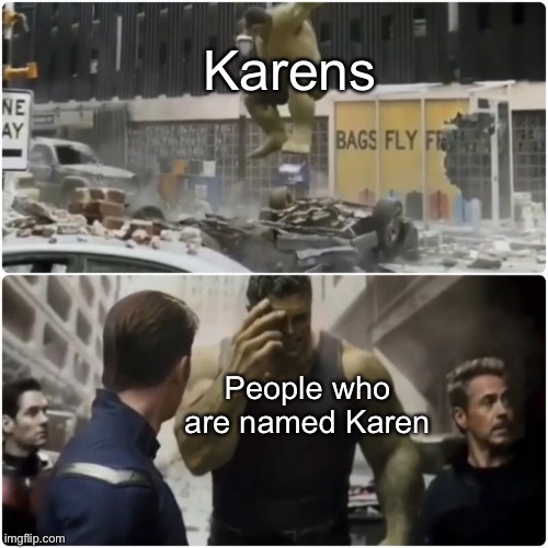 Regretful Hulk | Karens; People who are named Karen | image tagged in regretful hulk | made w/ Imgflip meme maker