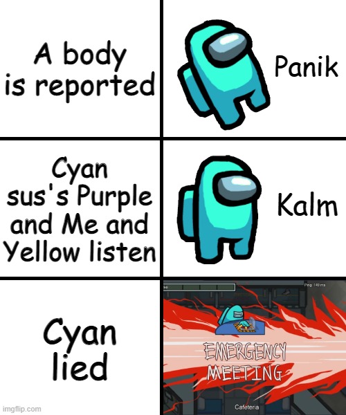 this just happened. Me, Yellow, Cyan & Purple where the only people left | A body is reported; Cyan sus's Purple and Me and Yellow listen; Cyan lied | image tagged in panik kalm panik among us version | made w/ Imgflip meme maker