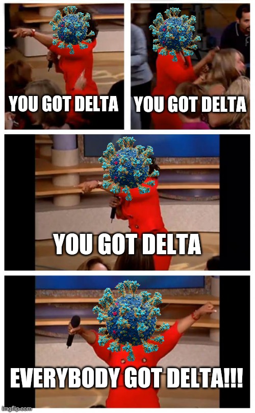 DELTAAAA!!! | YOU GOT DELTA; YOU GOT DELTA; YOU GOT DELTA; EVERYBODY GOT DELTA!!! | image tagged in memes,oprah you get a car everybody gets a car,coronavirus,covid-19,delta | made w/ Imgflip meme maker