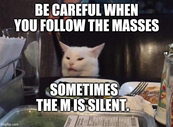 Salad cat | BE CAREFUL WHEN YOU FOLLOW THE MASSES; SOMETIMES THE M IS SILENT. J M | image tagged in salad cat | made w/ Imgflip meme maker