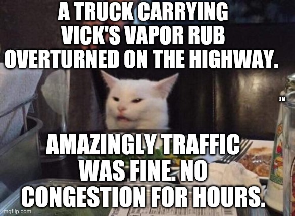 Salad cat | A TRUCK CARRYING VICK'S VAPOR RUB OVERTURNED ON THE HIGHWAY. AMAZINGLY TRAFFIC WAS FINE. NO CONGESTION FOR HOURS. J M | image tagged in salad cat | made w/ Imgflip meme maker