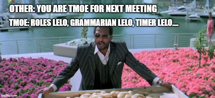 Every Time You are TMOE in Toastmaster | OTHER: YOU ARE TMOE FOR NEXT MEETING; TMOE: ROLES LELO, GRAMMARIAN LELO, TIMER LELO.... | image tagged in welcome aaloo lelo uday | made w/ Imgflip meme maker