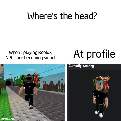 wheres head? | Where's the head? At profile; When I playing Roblox NPCs are becoming smart | image tagged in memes,blank transparent square,head,invisible,roblox,npc | made w/ Imgflip meme maker