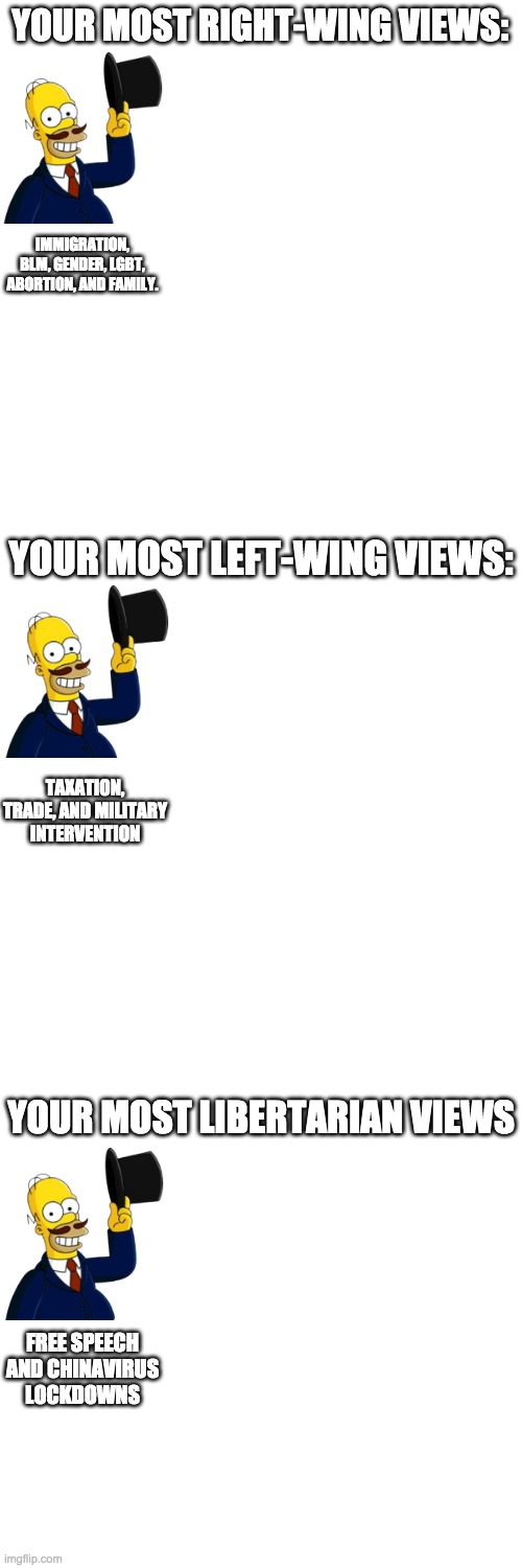 Repost but add your most right, left, and libertarian views. For example I'm socially right-wing but fiscally national populist. | YOUR MOST RIGHT-WING VIEWS:; IMMIGRATION, BLM, GENDER, LGBT, ABORTION, AND FAMILY. YOUR MOST LEFT-WING VIEWS:; TAXATION, TRADE, AND MILITARY INTERVENTION; YOUR MOST LIBERTARIAN VIEWS; FREE SPEECH AND CHINAVIRUS LOCKDOWNS | image tagged in nationalist,populist,paleoconservatism,is the best,conservatism | made w/ Imgflip meme maker