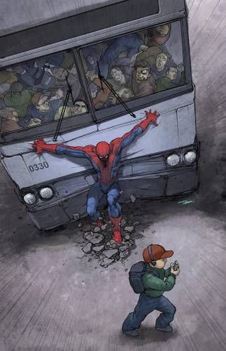 High Quality Spiderman stopping bus Blank Meme Template