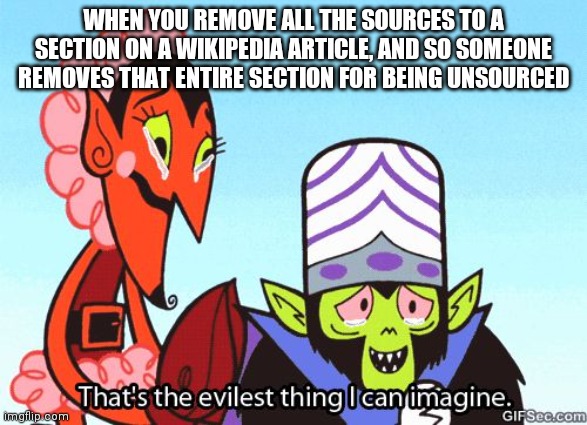 That's the evilest thing I can imagine | WHEN YOU REMOVE ALL THE SOURCES TO A SECTION ON A WIKIPEDIA ARTICLE, AND SO SOMEONE REMOVES THAT ENTIRE SECTION FOR BEING UNSOURCED | image tagged in that's the evilest thing i can imagine | made w/ Imgflip meme maker