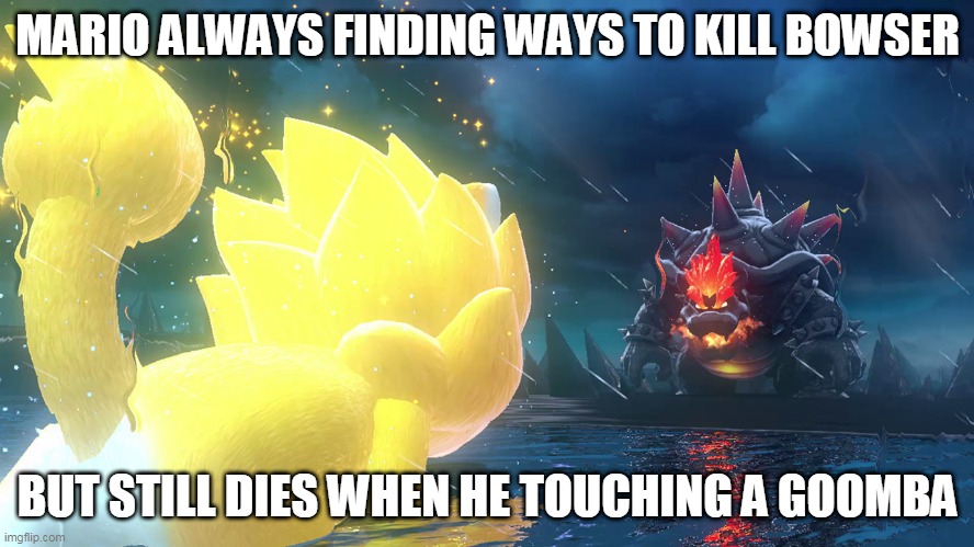 that that's GAME LOGIC | MARIO ALWAYS FINDING WAYS TO KILL BOWSER; BUT STILL DIES WHEN HE TOUCHING A GOOMBA | image tagged in super saiyan cat mario vs fury bowser,mario,bowser,game logic,super mario bros,nintendo | made w/ Imgflip meme maker