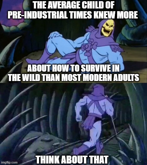 Skeletor disturbing facts |  THE AVERAGE CHILD OF PRE-INDUSTRIAL TIMES KNEW MORE; ABOUT HOW TO SURVIVE IN THE WILD THAN MOST MODERN ADULTS; THINK ABOUT THAT | image tagged in skeletor disturbing facts,survival,primitive skills | made w/ Imgflip meme maker