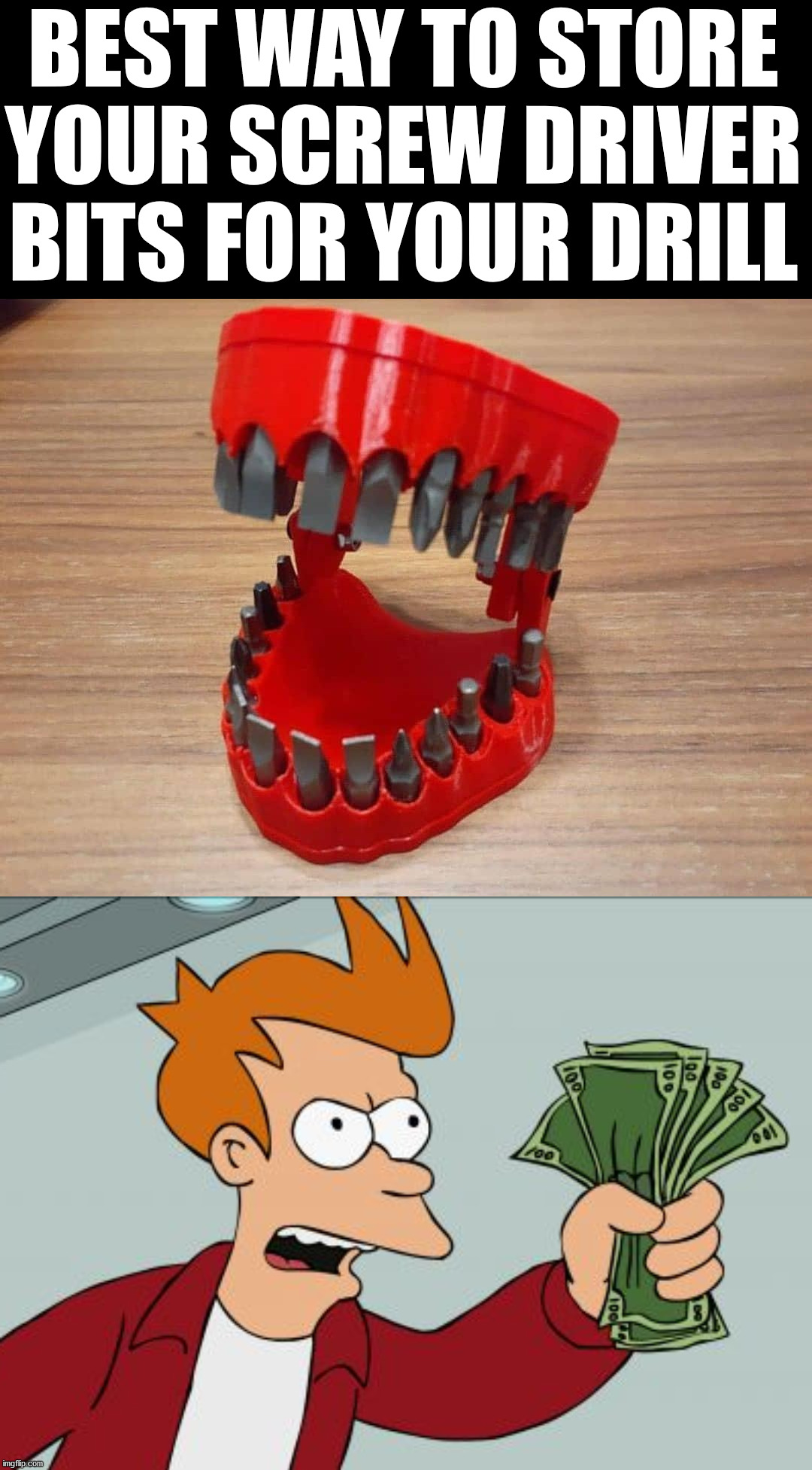 Coolest looking holder. | BEST WAY TO STORE YOUR SCREW DRIVER BITS FOR YOUR DRILL | image tagged in memes,shut up and take my money fry | made w/ Imgflip meme maker