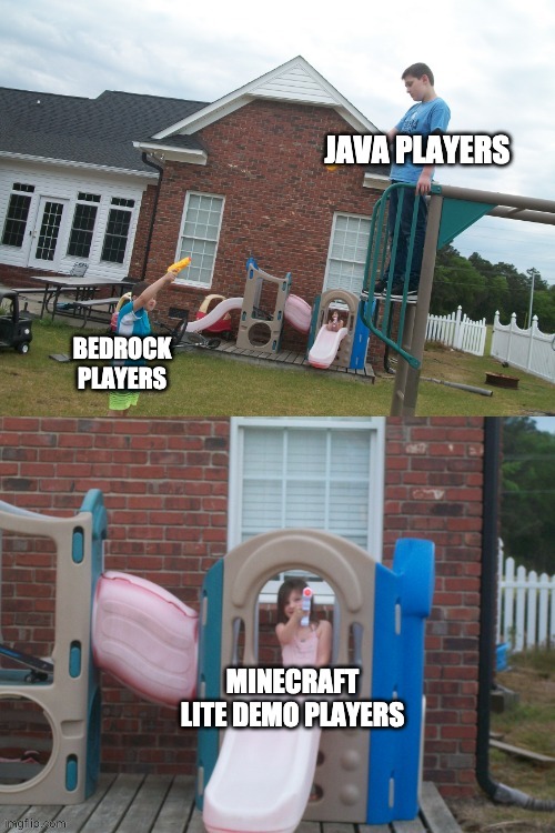 Is minecraft LITE still available? | JAVA PLAYERS; BEDROCK PLAYERS; MINECRAFT LITE DEMO PLAYERS | image tagged in water gun war | made w/ Imgflip meme maker