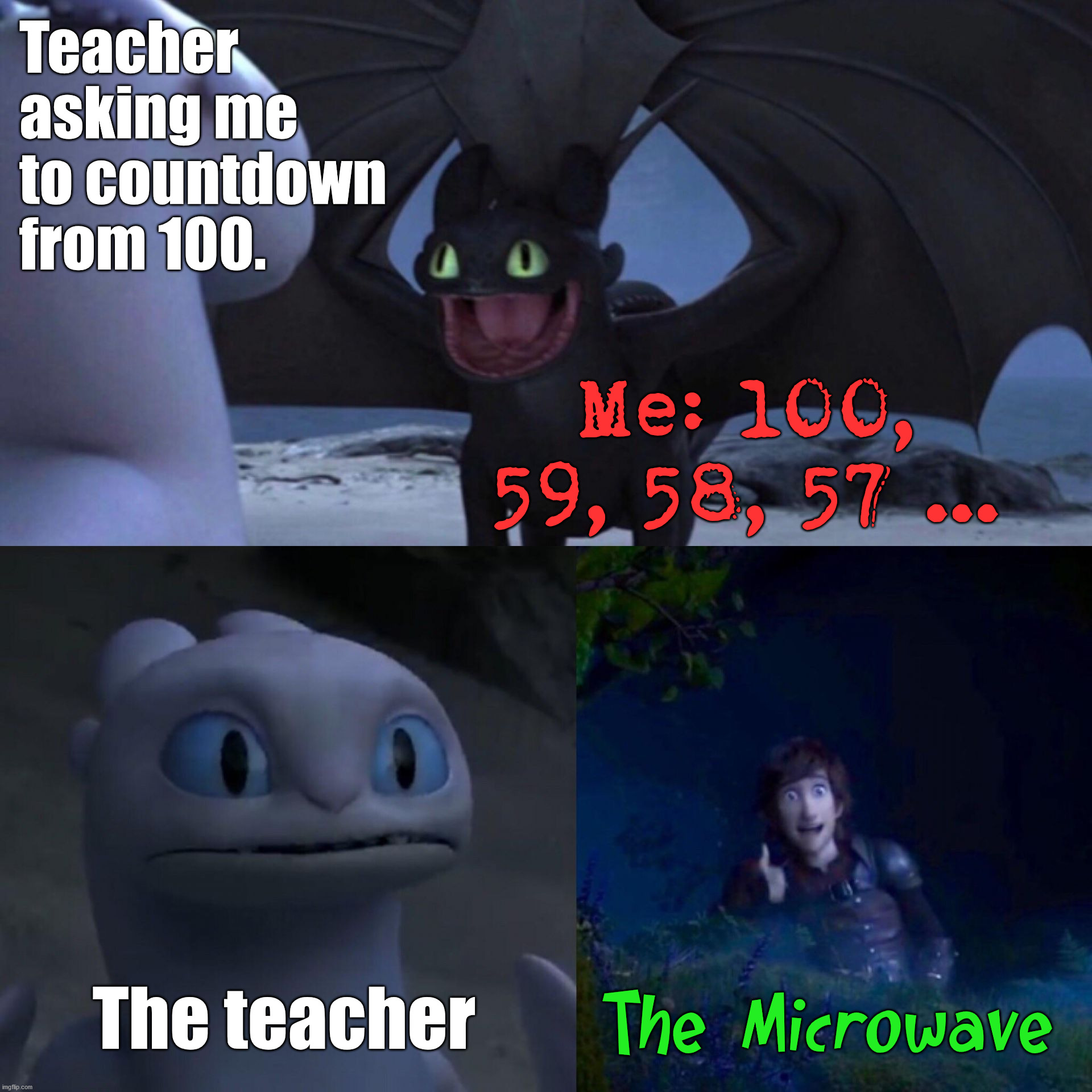 The final countdown | Teacher asking me to countdown from 100. Me: 100, 59, 58, 57 ... The teacher; The Microwave | image tagged in night fury,countdown | made w/ Imgflip meme maker