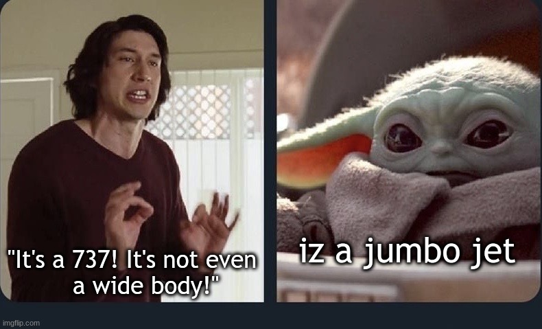 Kylo Ren Baby Yoda | iz a jumbo jet; "It's a 737! It's not even
         a wide body!" | image tagged in kylo ren baby yoda,aviation,fun,memes,airplanes,plane | made w/ Imgflip meme maker