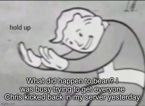 Fallout Hold Up | What did happen to bean? I was busy trying to get everyone Chris kicked back in my server yesterday | image tagged in fallout hold up | made w/ Imgflip meme maker