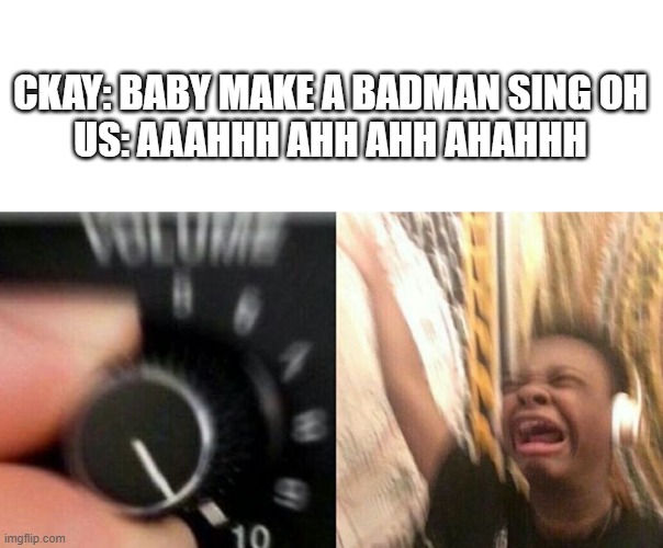 a lil sum | CKAY: BABY MAKE A BADMAN SING OH
US: AAAHHH AHH AHH AHAHHH | image tagged in turns up volume | made w/ Imgflip meme maker