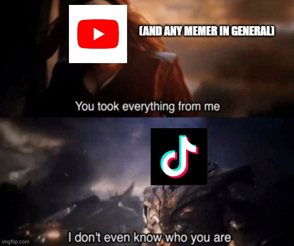 I mean, we are constantly complaining about 'em. Do they even know we exist? |  (AND ANY MEMER IN GENERAL) | image tagged in you took everything from me - i don't even know who you are,tiktok,youtube,memes,funny memes | made w/ Imgflip meme maker