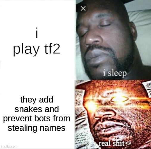 tf2 is still alive. | i play tf2; they add snakes and prevent bots from stealing names | image tagged in memes,sleeping shaq | made w/ Imgflip meme maker