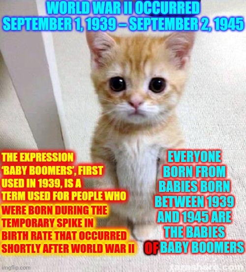 Historically | WORLD WAR II OCCURRED SEPTEMBER 1, 1939 – SEPTEMBER 2, 1945; EVERYONE BORN FROM BABIES BORN BETWEEN 1939 AND 1945 ARE THE BABIES OF BABY BOOMERS; THE EXPRESSION ‘BABY BOOMERS’, FIRST USED IN 1939, IS A TERM USED FOR PEOPLE WHO WERE BORN DURING THE TEMPORARY SPIKE IN BIRTH RATE THAT OCCURRED SHORTLY AFTER WORLD WAR II; WERE BORN DURING THE
TEMPORARY SPIKE IN
BIRTH RATE THAT OCCURRED 
SHORTLY AFTER WORLD WAR II; OF | image tagged in memes,cute cat,baby boomers,ok boomer,millennials,read more history | made w/ Imgflip meme maker