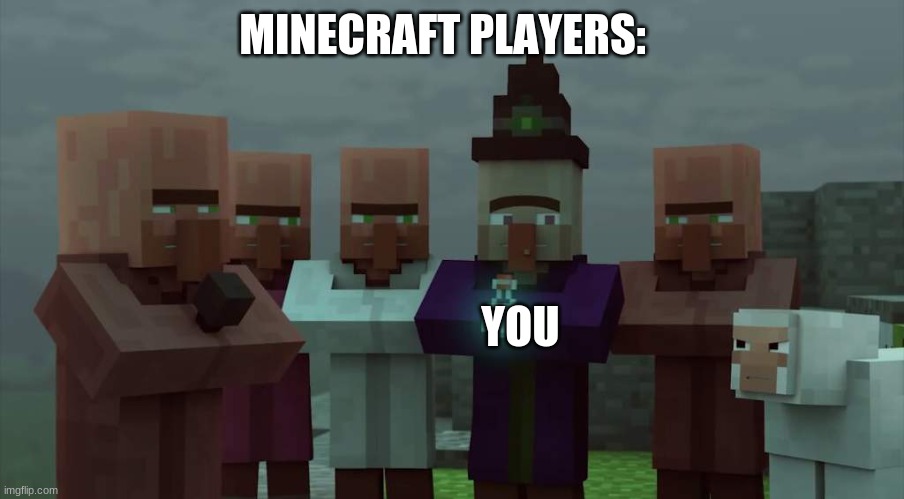 Villagers mad at the witch | MINECRAFT PLAYERS: YOU | image tagged in villagers mad at the witch | made w/ Imgflip meme maker