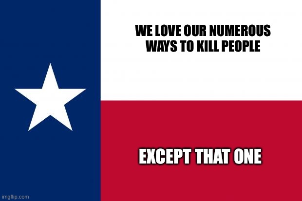 Because texas | WE LOVE OUR NUMEROUS WAYS TO KILL PEOPLE EXCEPT THAT ONE | image tagged in because texas | made w/ Imgflip meme maker