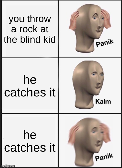 Panik Kalm Panik Meme | you throw a rock at the blind kid; he catches it; he catches it | image tagged in memes,panik kalm panik | made w/ Imgflip meme maker