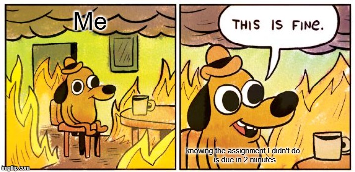 This Is Fine Meme | Me; knowing the assignment I didn't do 
 is due in 2 minutes | image tagged in memes,this is fine | made w/ Imgflip meme maker