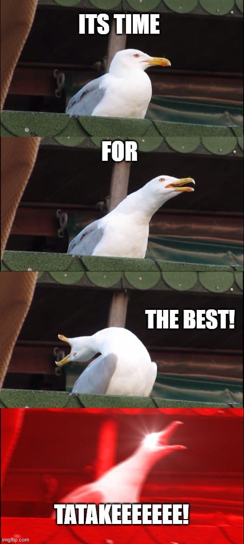 Inhaling Seagull Meme | ITS TIME; FOR; THE BEST! TATAKEEEEEEE! | image tagged in memes,inhaling seagull | made w/ Imgflip meme maker