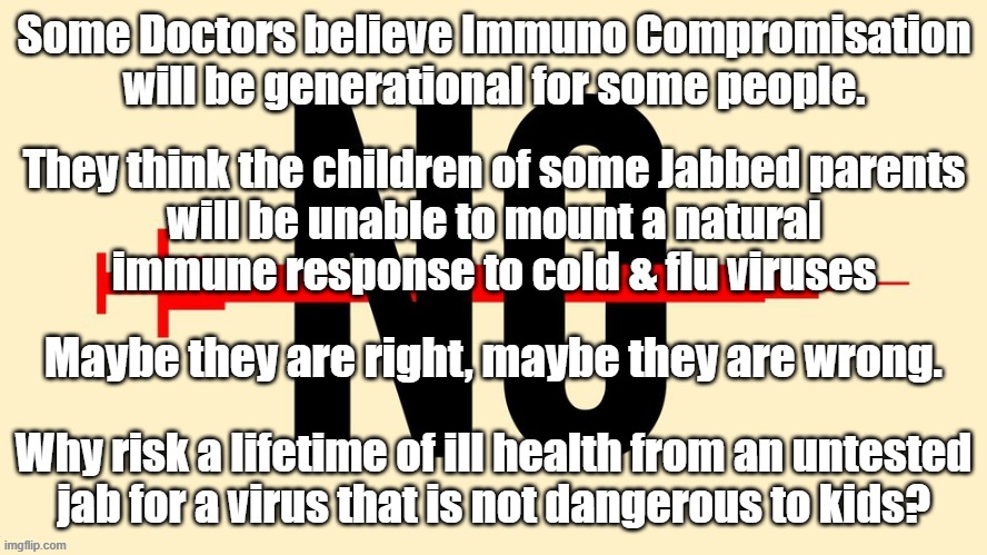 Generational Immuno Compromisation | Maybe they are right, maybe they are wrong. Why risk a lifetime of ill health from an untested
jab for a virus that is not dangerous to kids? | image tagged in covid | made w/ Imgflip meme maker