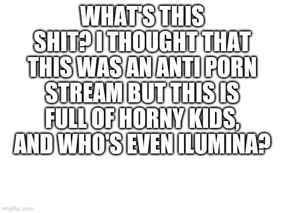 Blank White Template | WHAT'S THIS SHIT? I THOUGHT THAT THIS WAS AN ANTI PORN STREAM BUT THIS IS FULL OF HORNY KIDS, AND WHO'S EVEN ILUMINA? | image tagged in blank white template | made w/ Imgflip meme maker