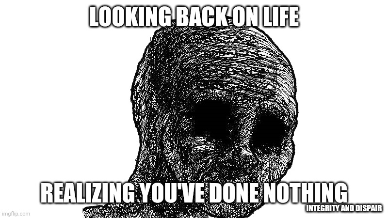 looking back | LOOKING BACK ON LIFE; REALIZING YOU'VE DONE NOTHING; INTEGRITY AND DISPAIR | image tagged in withered wojack | made w/ Imgflip meme maker