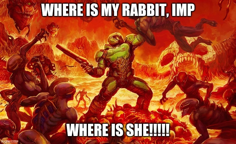 Doom Slayer killing demons | WHERE IS MY RABBIT, IMP; WHERE IS SHE!!!!! | image tagged in doom slayer killing demons | made w/ Imgflip meme maker