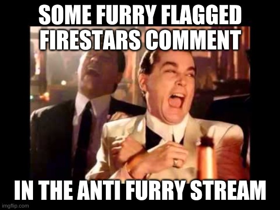 hilarious, resume with the furry slaughtering! | SOME FURRY FLAGGED FIRESTARS COMMENT; IN THE ANTI FURRY STREAM | image tagged in ray liota luagh | made w/ Imgflip meme maker