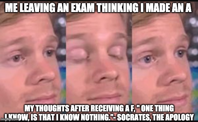 COLLEGE LIFE | ME LEAVING AN EXAM THINKING I MADE AN A; MY THOUGHTS AFTER RECEIVING A F, " ONE THING I KNOW, IS THAT I KNOW NOTHING."- SOCRATES, THE APOLOGY | image tagged in blinking guy | made w/ Imgflip meme maker