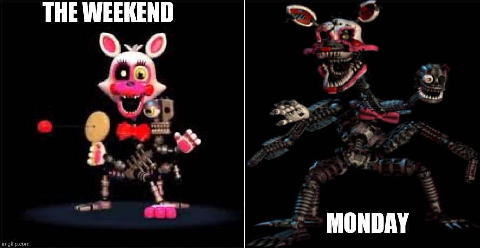Mangle | THE WEEKEND; MONDAY | image tagged in mangle | made w/ Imgflip meme maker