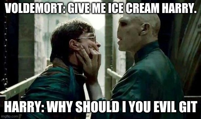 Voldemort and Harry | VOLDEMORT: GIVE ME ICE CREAM HARRY. HARRY: WHY SHOULD I YOU EVIL GIT | image tagged in voldemort and harry | made w/ Imgflip meme maker