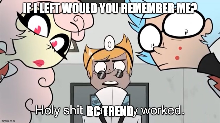 trend go brrrrrr | IF I LEFT WOULD YOU REMEMBER ME? BC TREND | image tagged in holy shit it actually worked | made w/ Imgflip meme maker