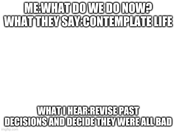 no title | ME:WHAT DO WE DO NOW?
WHAT THEY SAY:CONTEMPLATE LIFE; WHAT I HEAR:REVISE PAST DECISIONS AND DECIDE THEY WERE ALL BAD | image tagged in blank white template | made w/ Imgflip meme maker